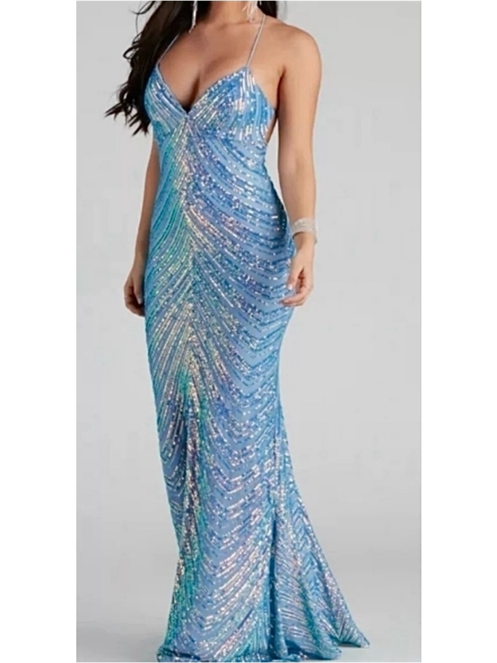 NEW Windsor Blue Sequin Mermaid Gown with Spaghetti Straps Open Back Large - Picture 3 of 11